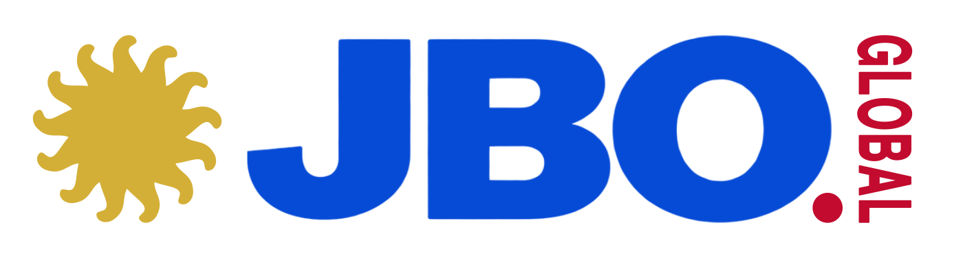 Logo JBO.global : soleil doré à 13 rayons, JBO bleu saphir et GLOBAL rubis vertical